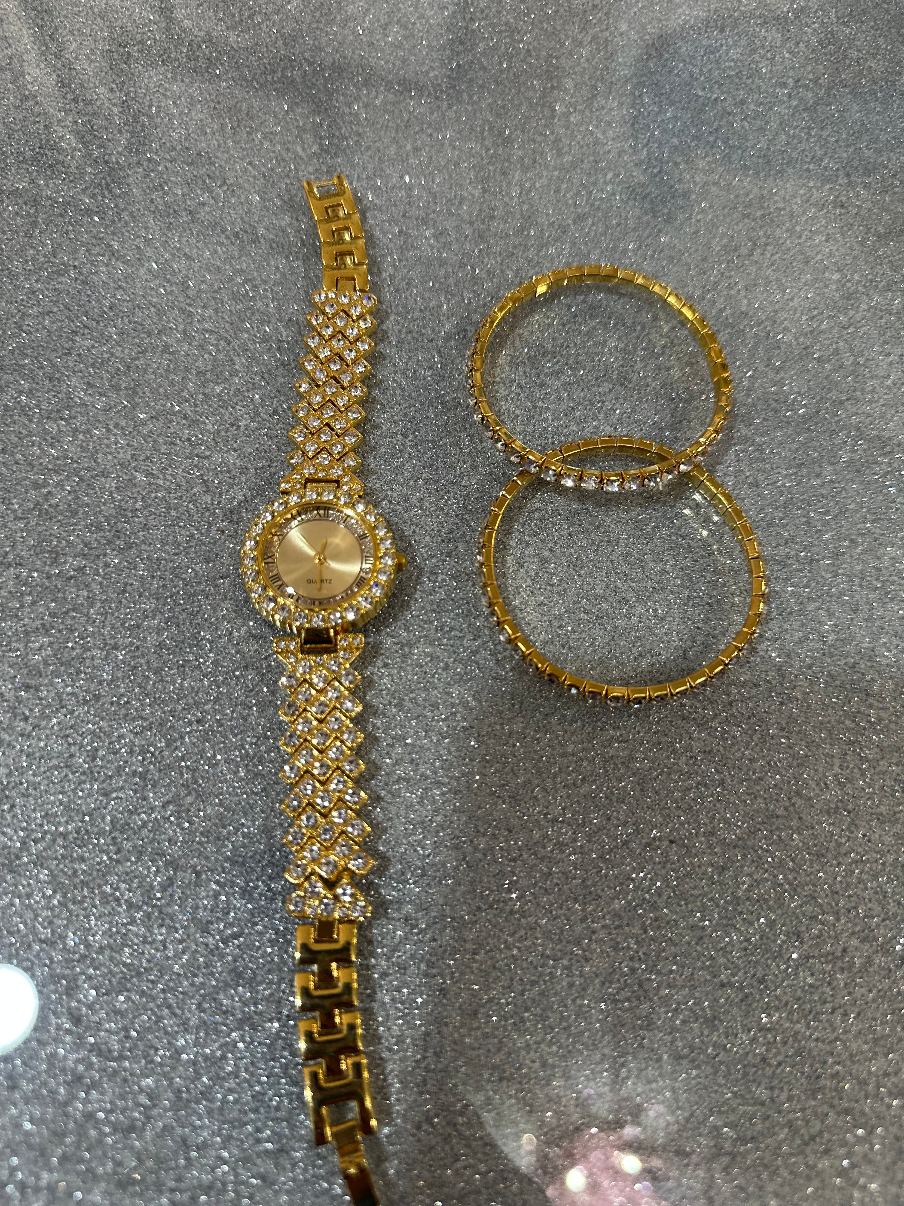 Brand new gold laced diamond watch with two gold diamond bracelets