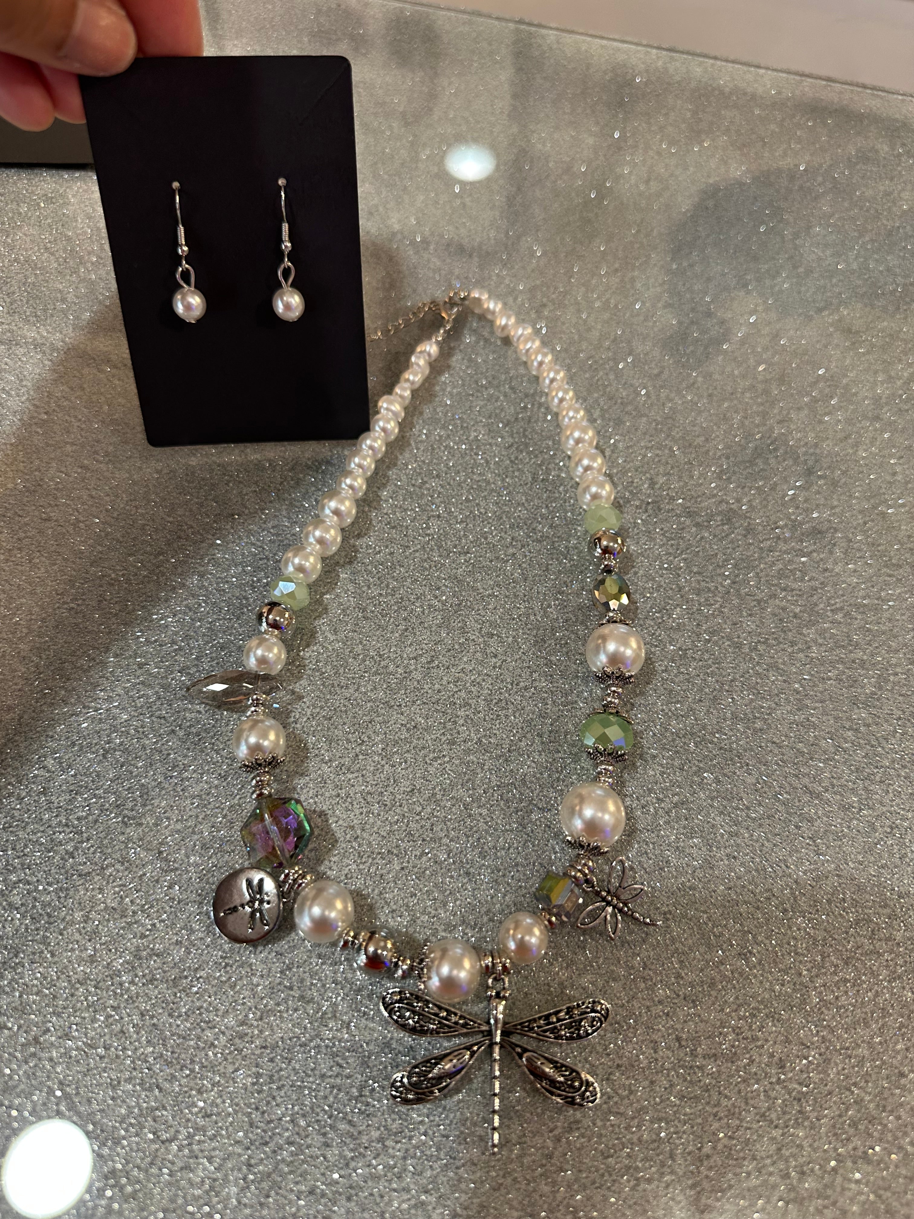 Dragonfly necklace set with pearl earrings