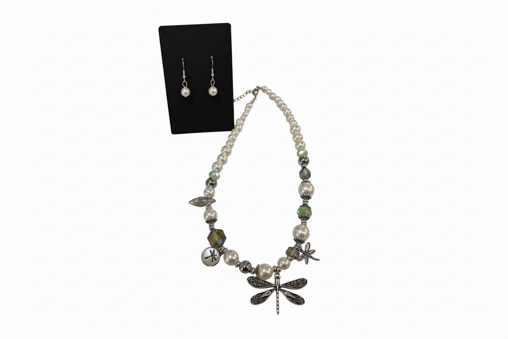 Dragonfly necklace set with pearl earrings