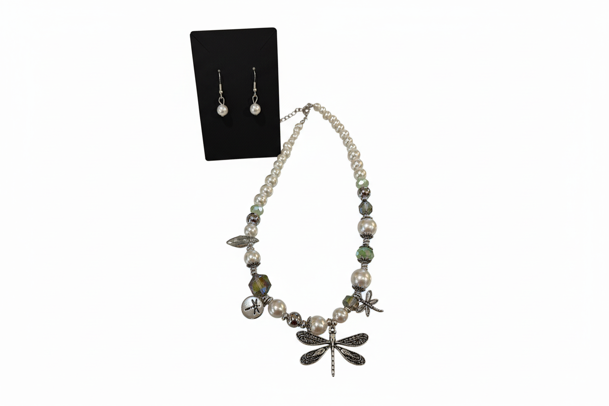 Dragonfly necklace set with pearl earrings