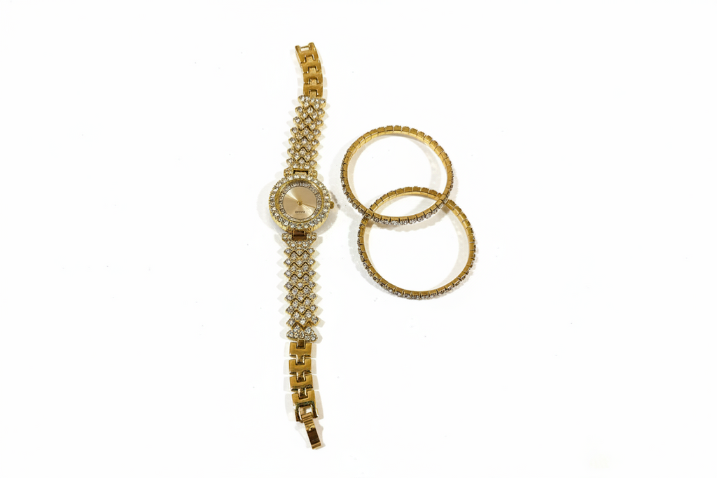 Brand new gold laced diamond watch with two gold diamond bracelets