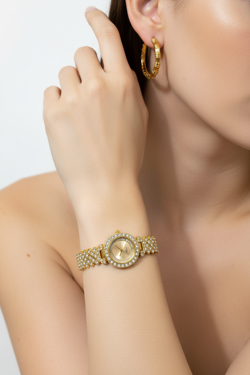 Brand new gold laced diamond watch with two gold diamond bracelets