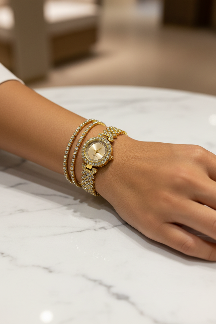 Brand new gold laced diamond watch with two gold diamond bracelets