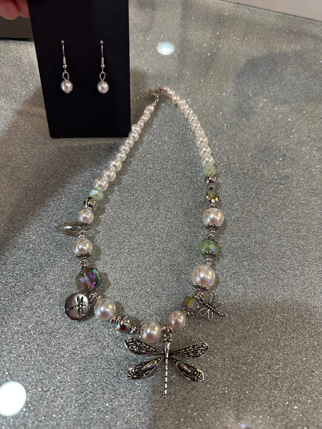 Dragonfly necklace set with pearl earrings