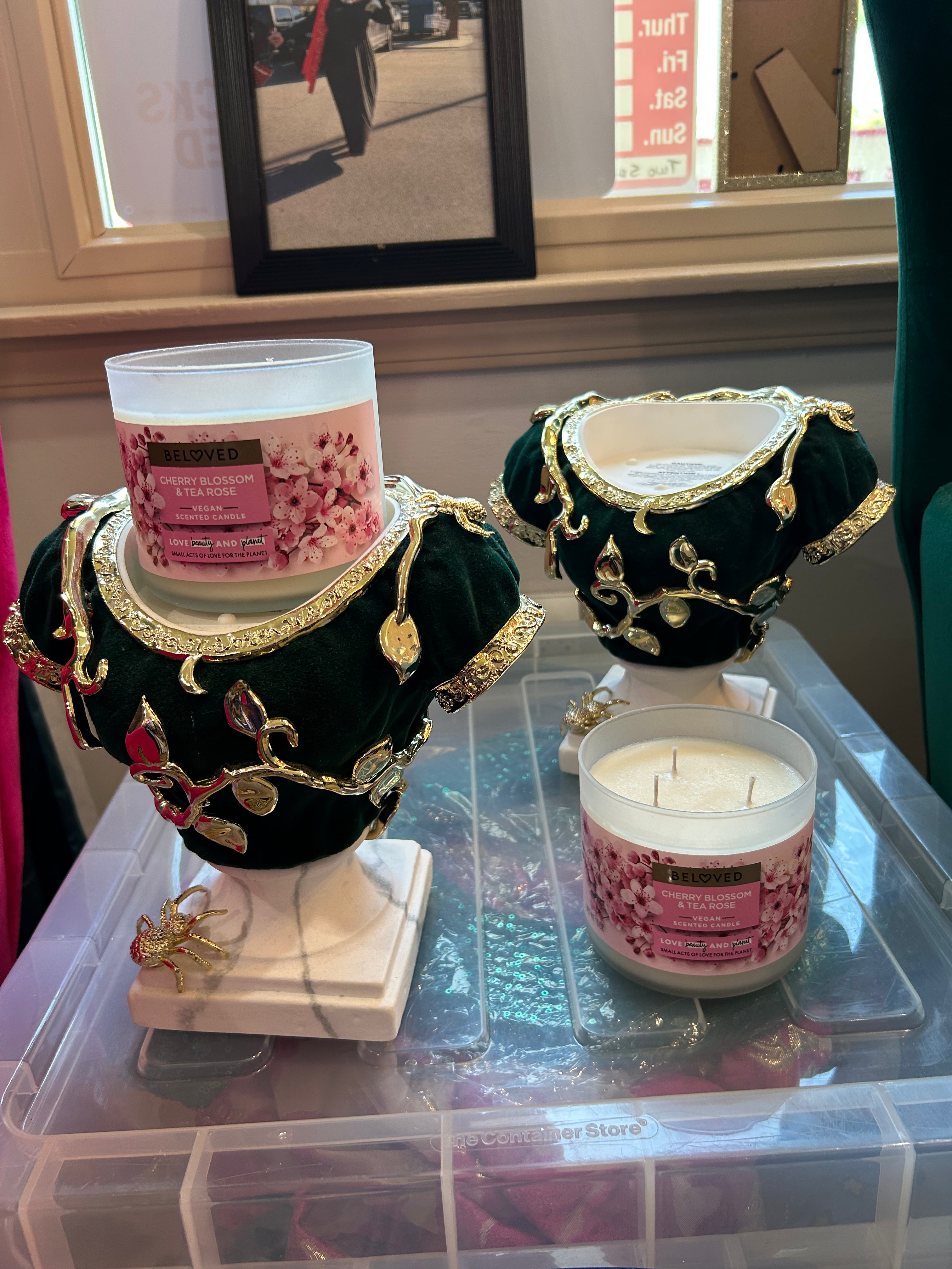Decorative unique candle holder (emerald green) velvet with candles— one blemish— sold as set ( in store pickup)