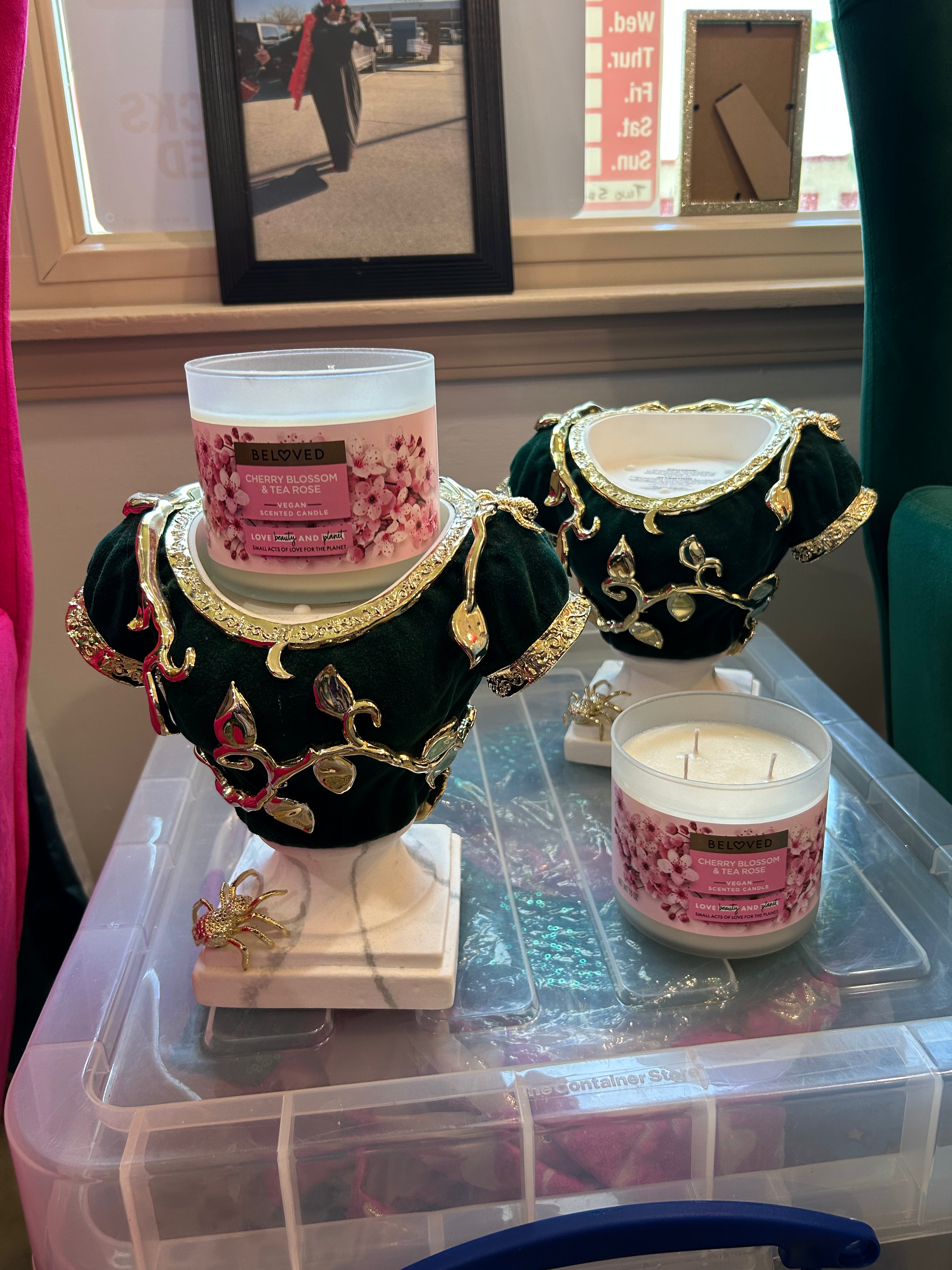 Decorative unique candle holder (emerald green) velvet with candles— one blemish— sold as set ( in store pickup)