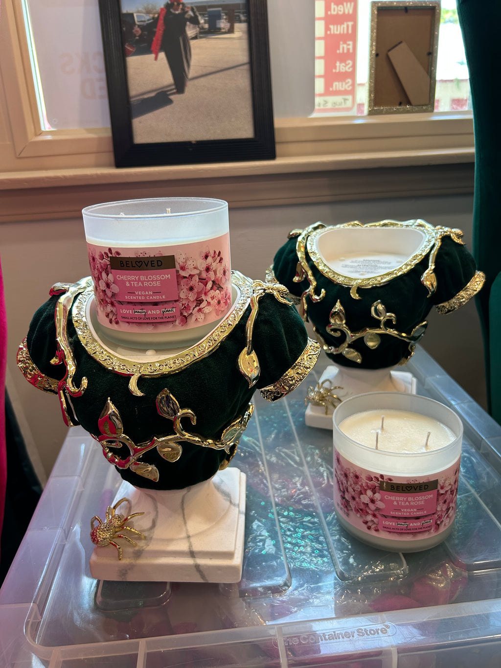 Decorative unique candle holder (emerald green) velvet with candles— one blemish— sold as set ( in store pickup)