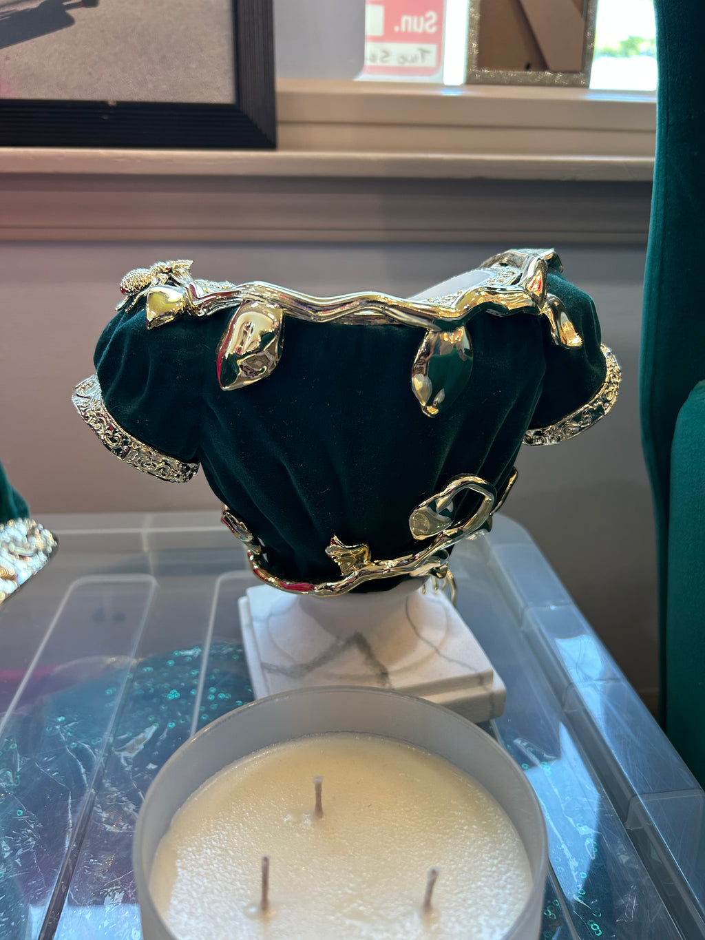 Decorative unique candle holder (emerald green) velvet with candles— one blemish— sold as set ( in store pickup)