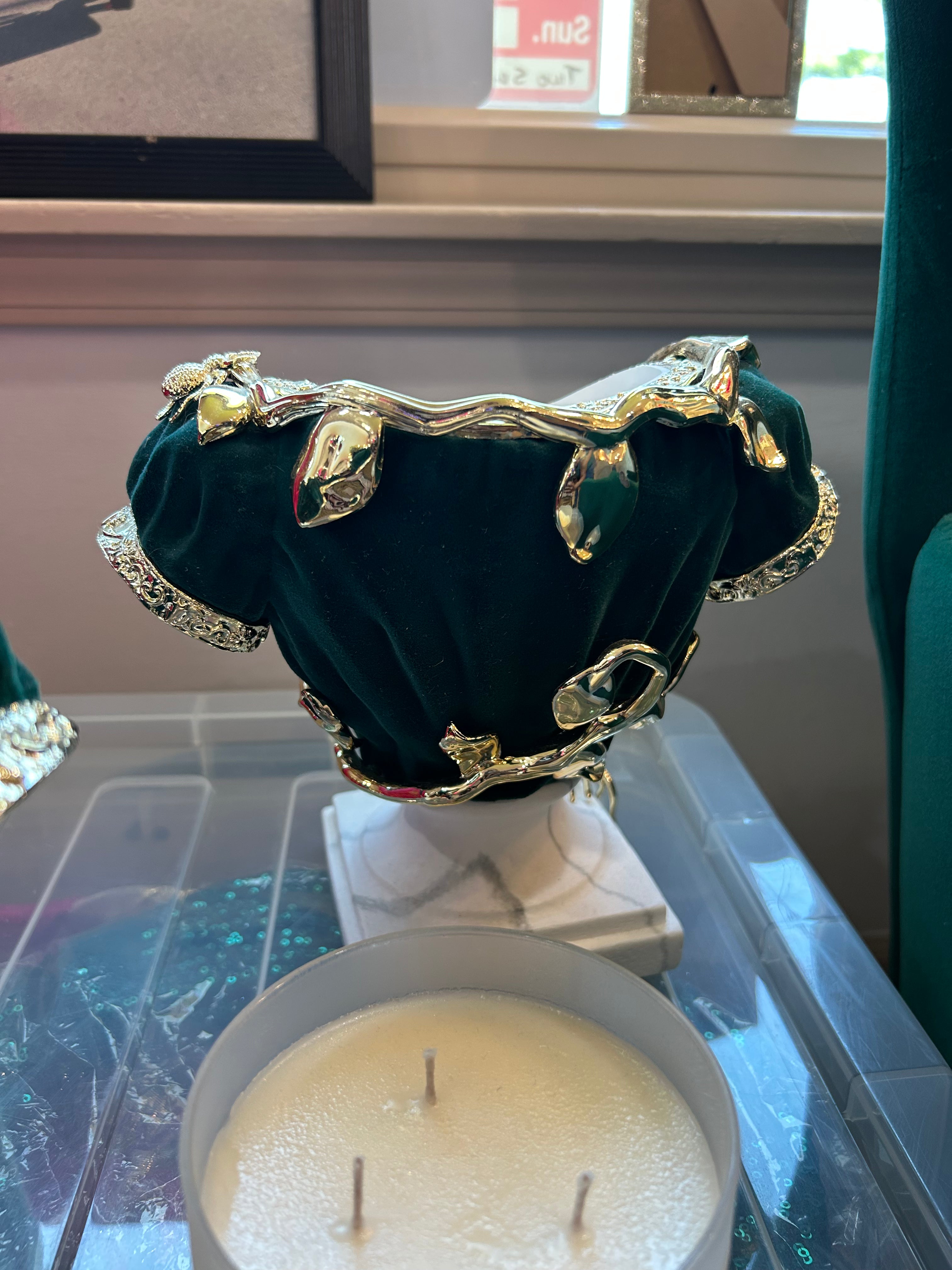 Decorative unique candle holder (emerald green) velvet with candles— one blemish— sold as set ( in store pickup)