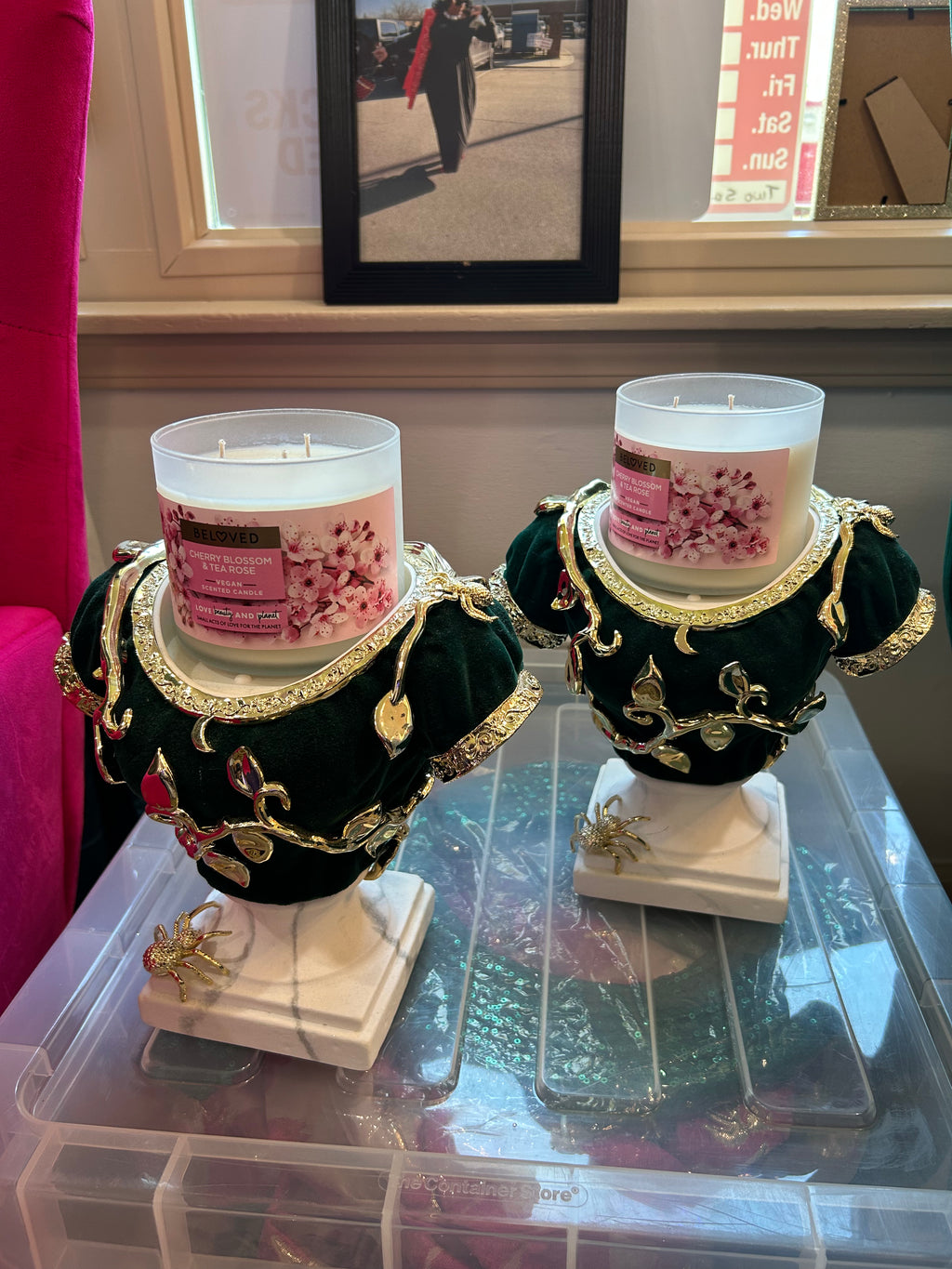 Decorative unique candle holder (emerald green) velvet with candles— one blemish— sold as set ( in store pickup)