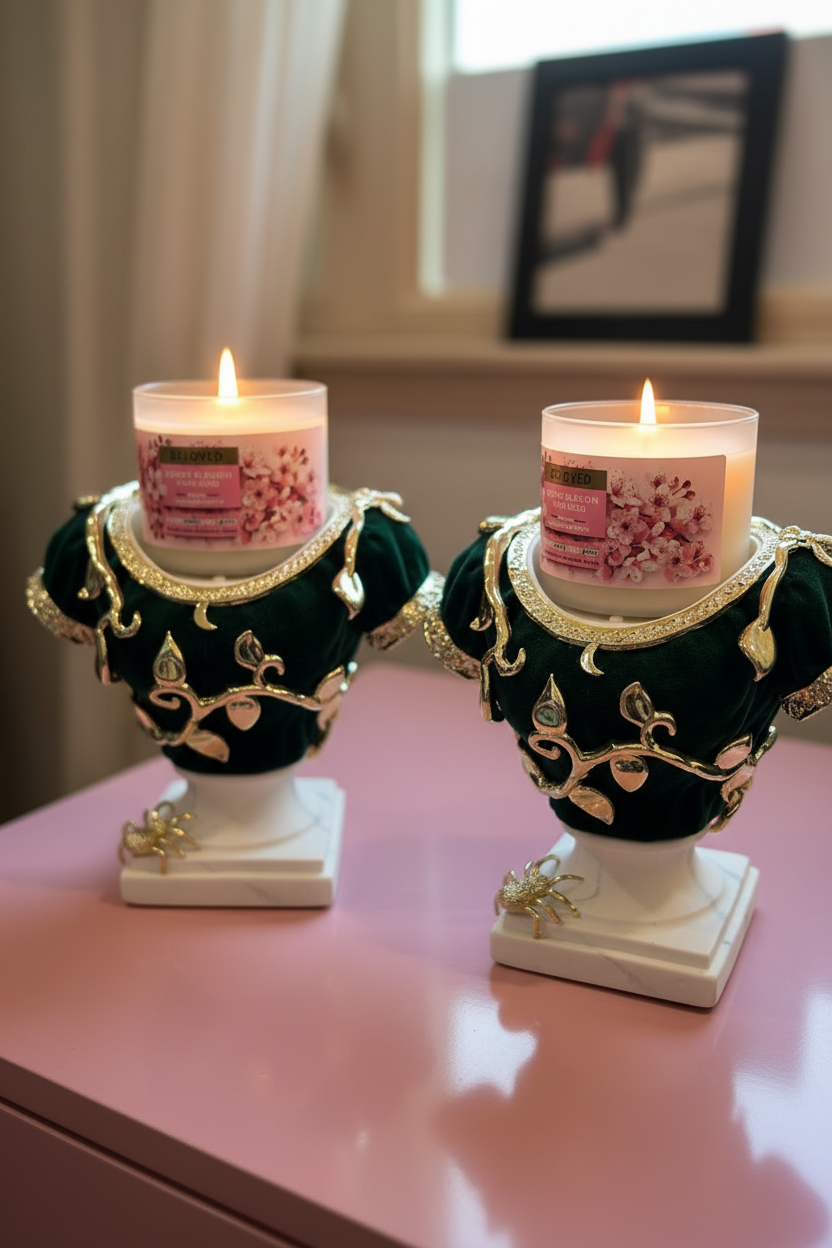 Decorative unique candle holder (emerald green) velvet with candles— one blemish— sold as set ( in store pickup)