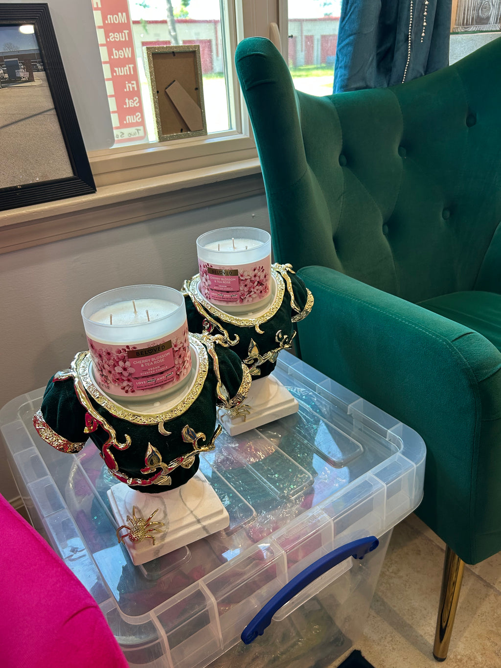 Decorative unique candle holder (emerald green) velvet with candles— one blemish— sold as set ( in store pickup)