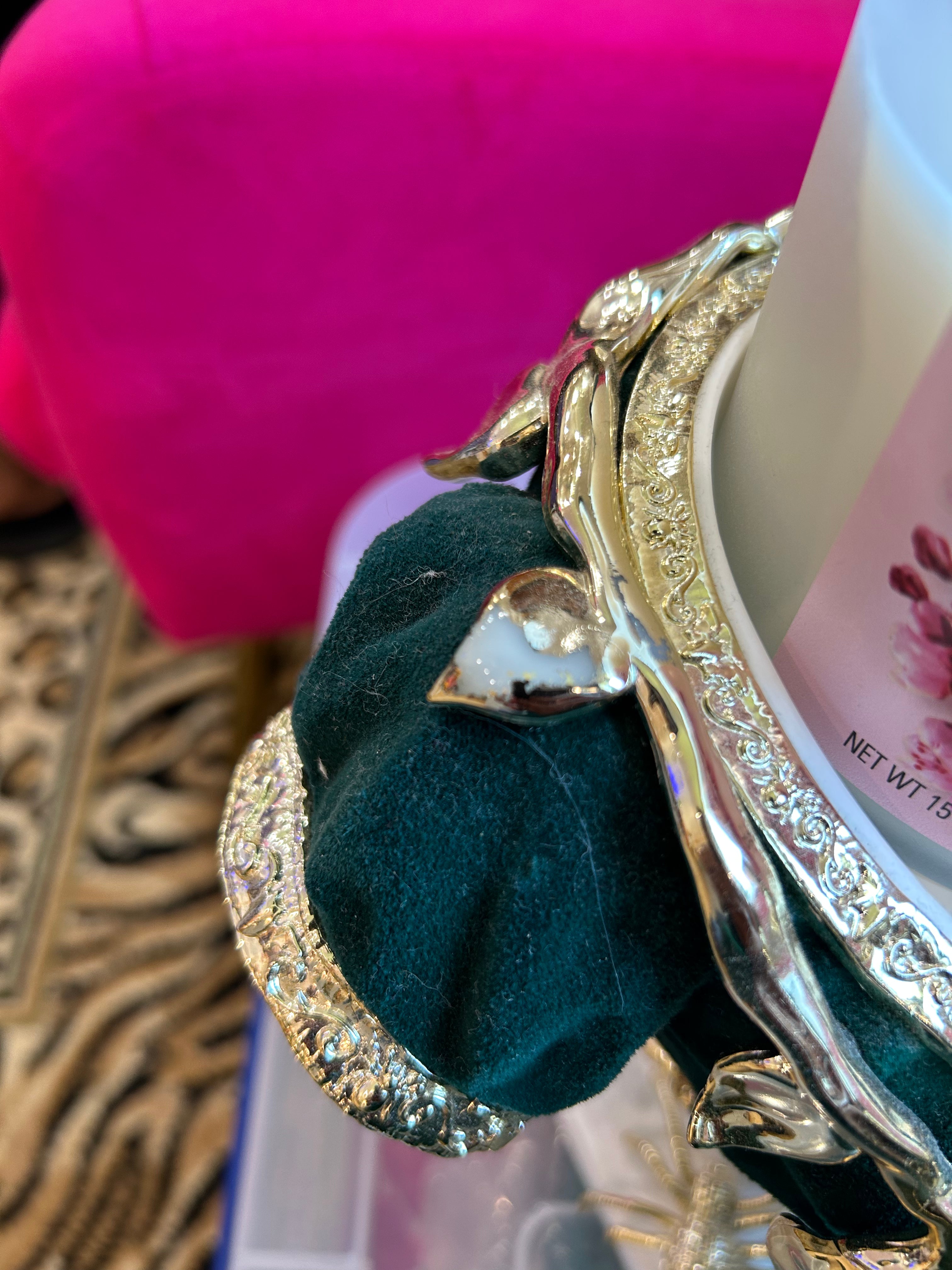 Decorative unique candle holder (emerald green) velvet with candles— one blemish— sold as set ( in store pickup)