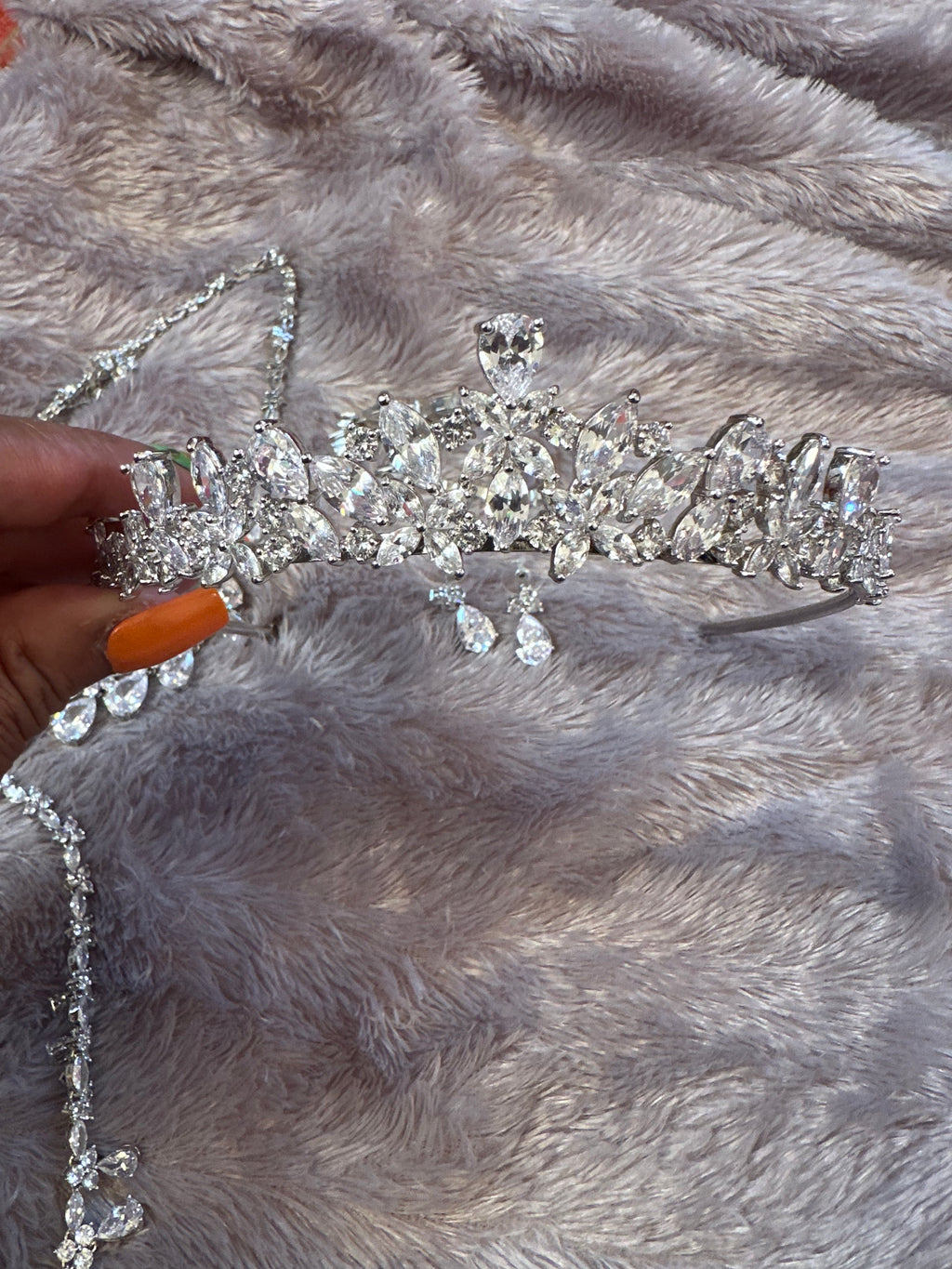 5 piece set (New) pierced earrings, 2 necklaces, bracelet and tiara crown