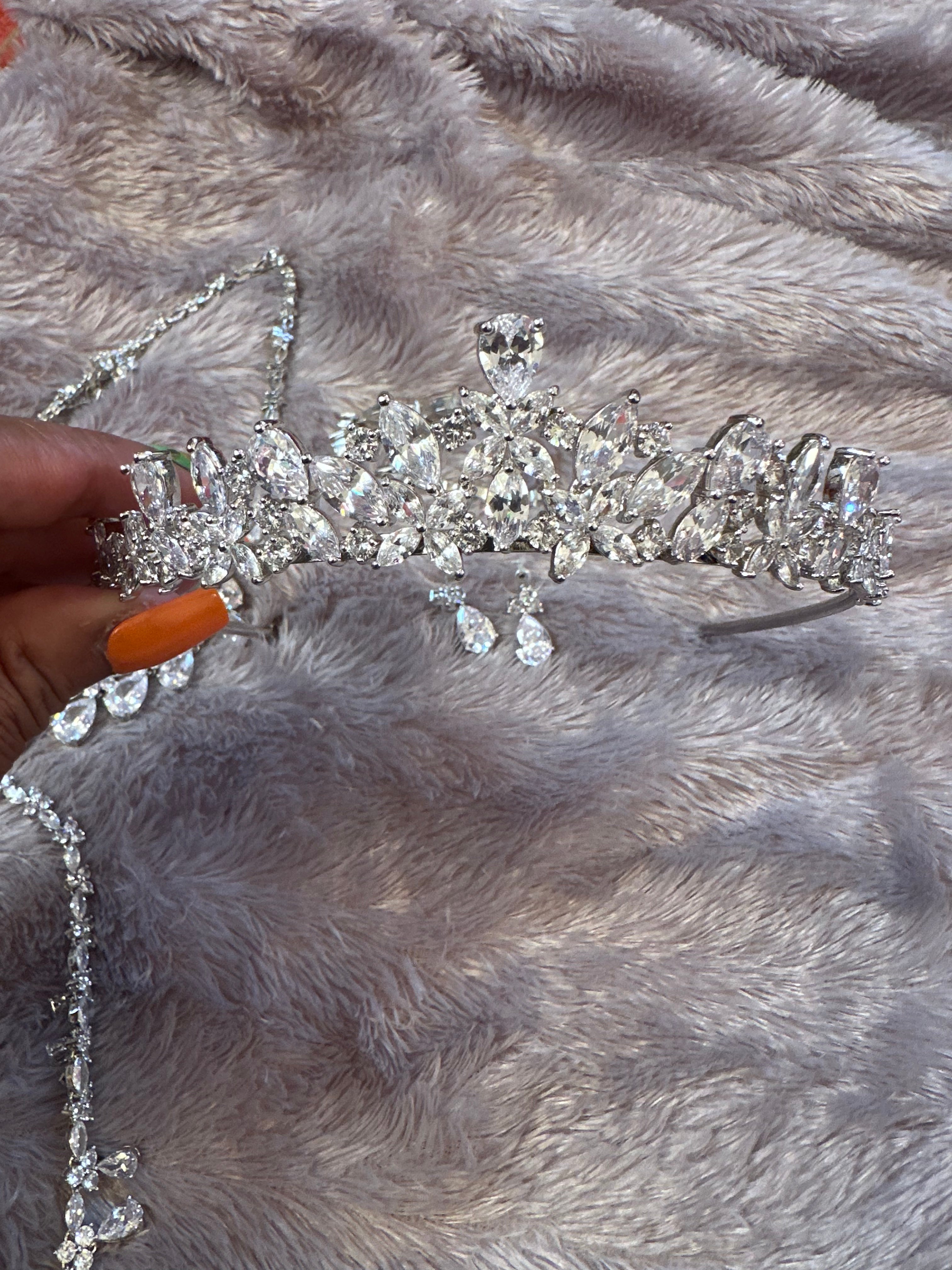 5 piece set (New) pierced earrings, 2 necklaces, bracelet and tiara crown