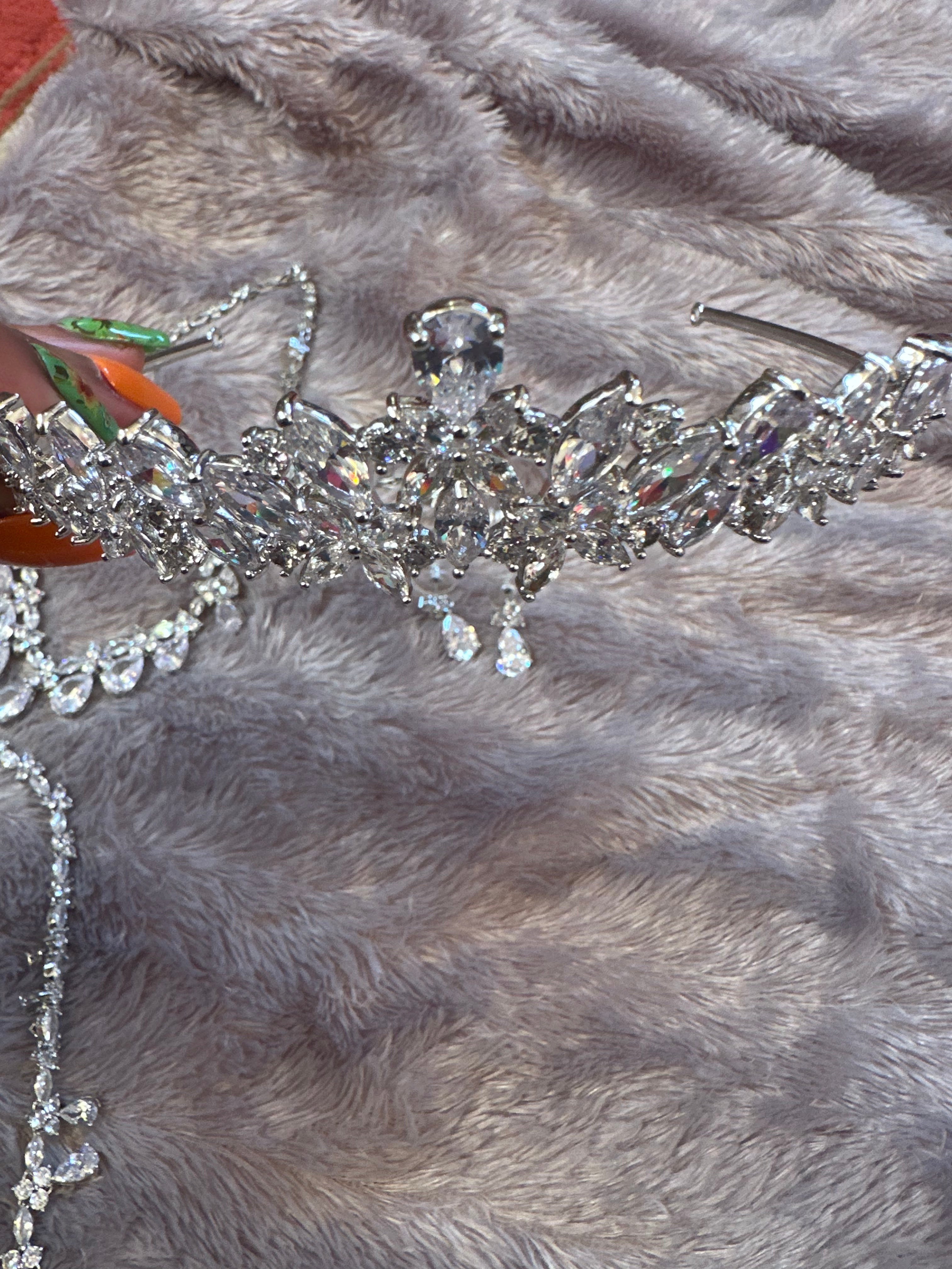 5 piece set (New) pierced earrings, 2 necklaces, bracelet and tiara crown