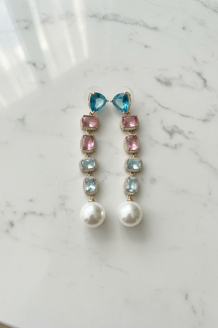 Blue Pink and pearls (models show earrings much larger) they are  smaller