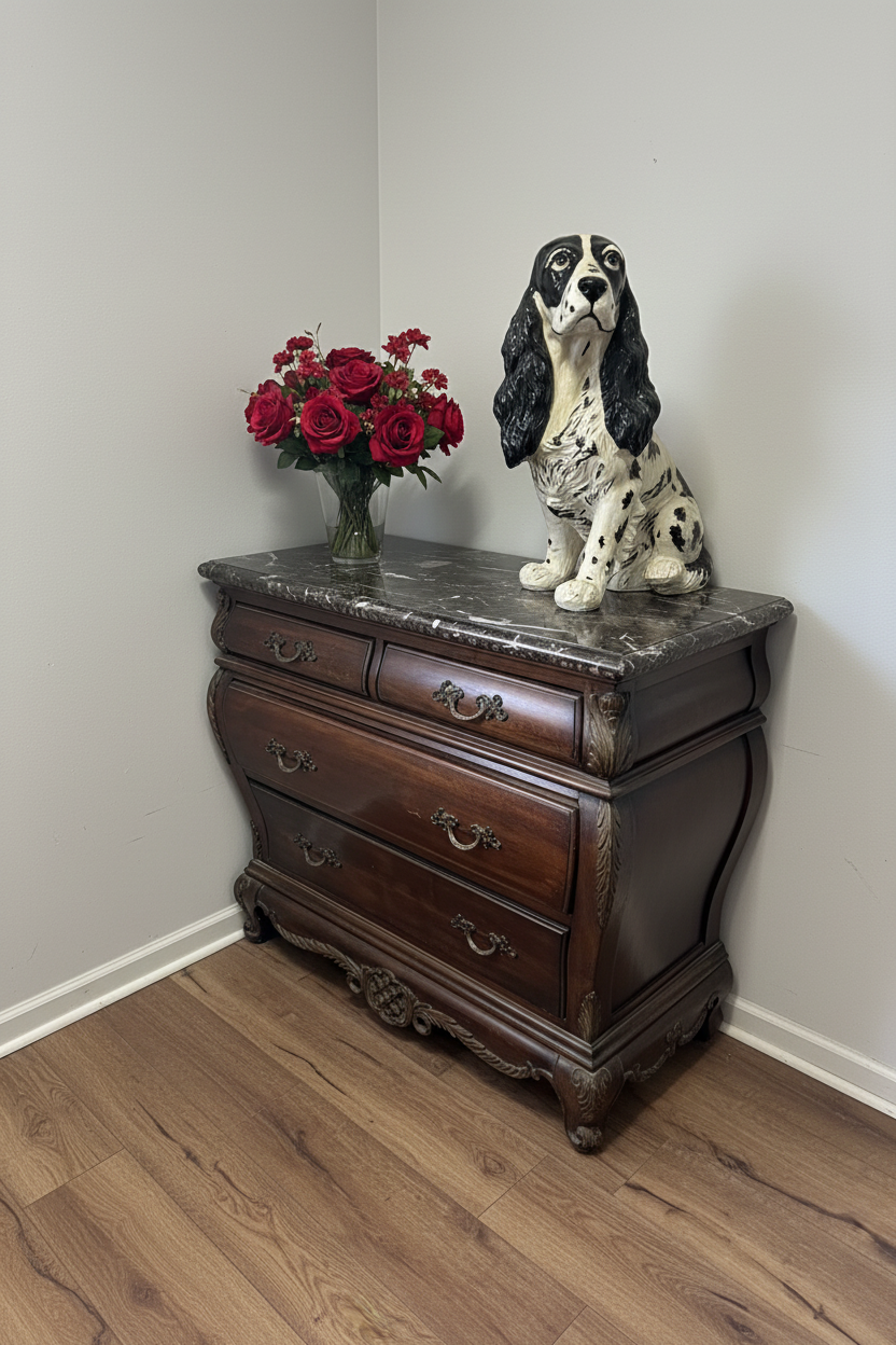 Bombe Chest /Vintage -Accent Chest- sold as a set ) 2 kathy ireland furniture In store pick up only ( one has a broken edge that you cannot see from the top)Velvet drawers
