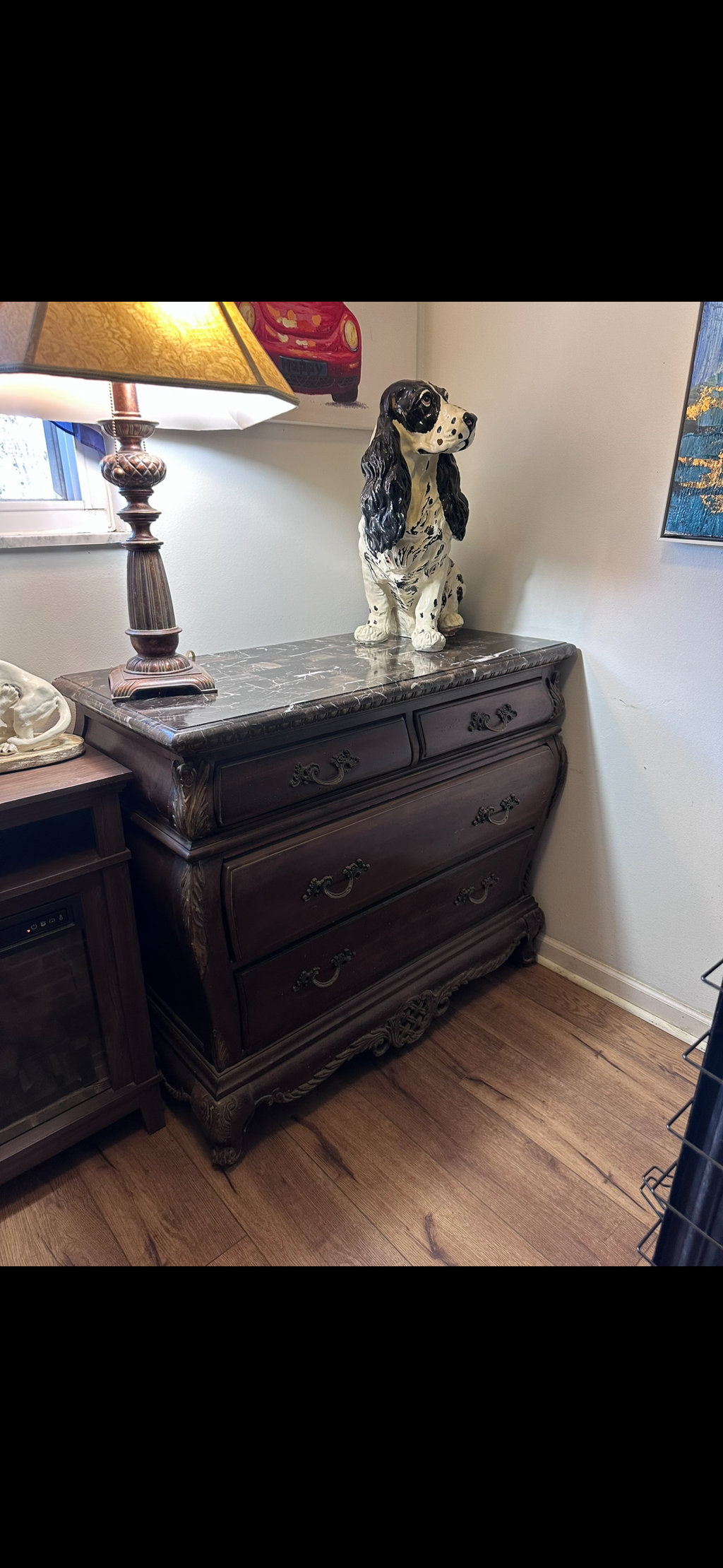 Bombe Chest /Vintage -Accent Chest- sold as a set ) 2 kathy ireland furniture In store pick up only ( one has a broken edge that you cannot see from the top)Velvet drawers
