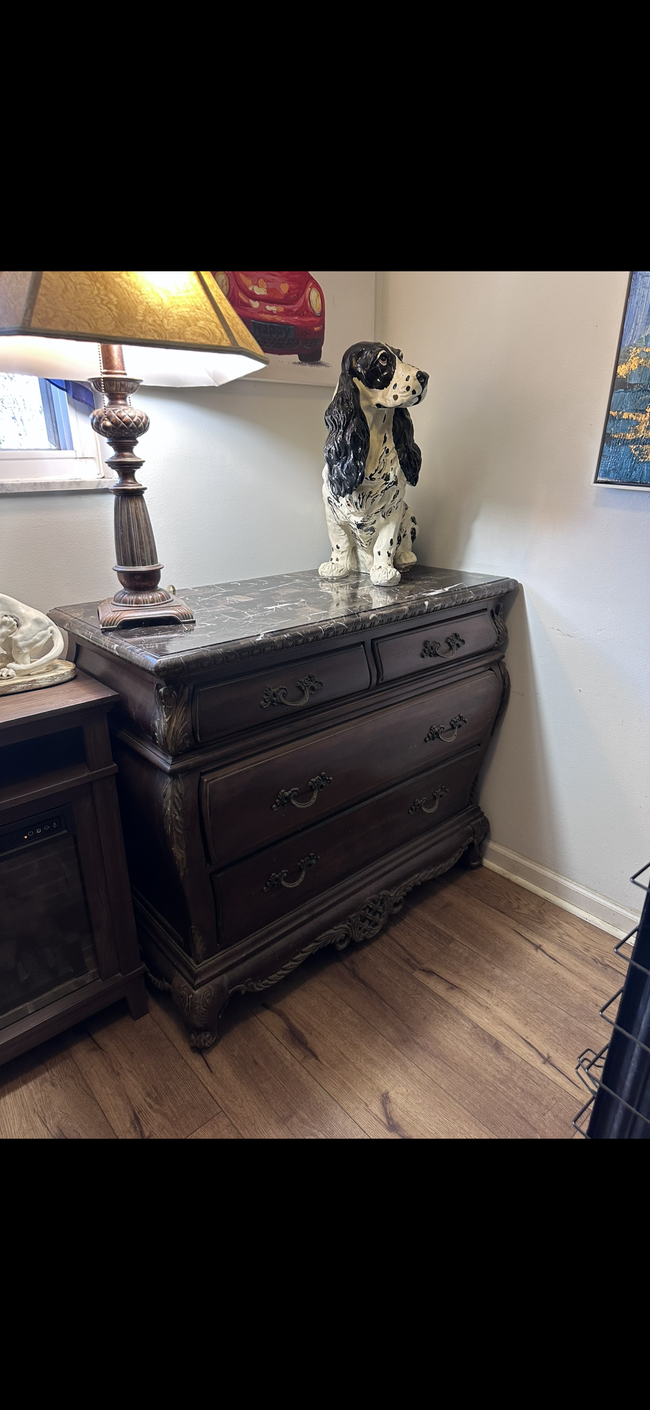 Bombe Chest /Vintage -Accent Chest- sold as a set ) 2 kathy ireland furniture In store pick up only ( one has a broken edge that you cannot see from the top)Velvet drawers
