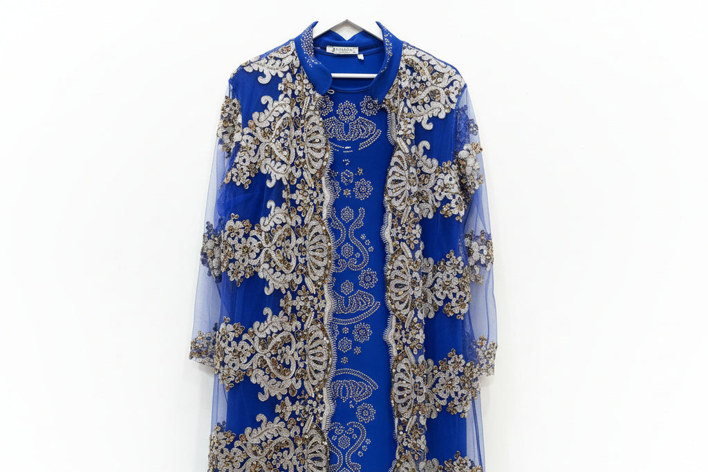 Elegant Blue Laced Coat with Royal Blue Dress size 16/18