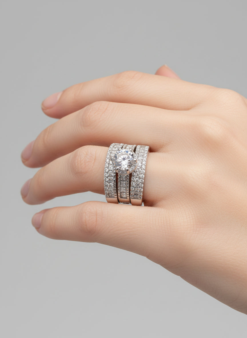 Silver Cubic Zirconia Ring Set - Size 9 (Set of 3)