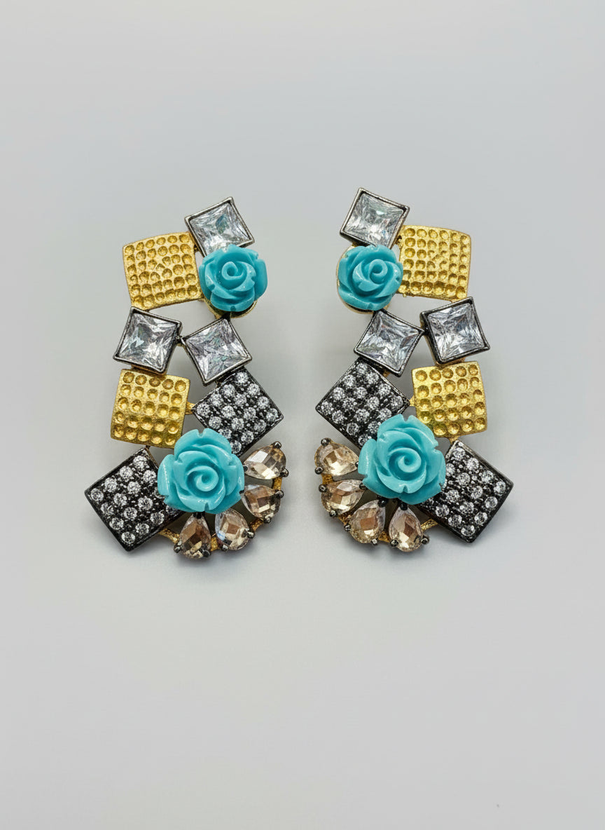 Unique Aqua Flower Diamond Earrings - Gold & Silver