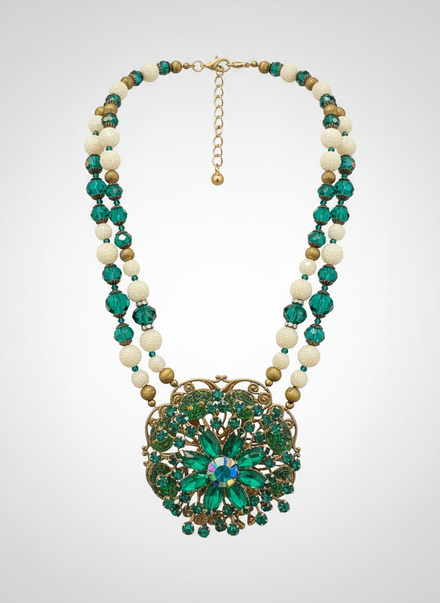 Vintage Green and Gold Pearl Brooch Necklace