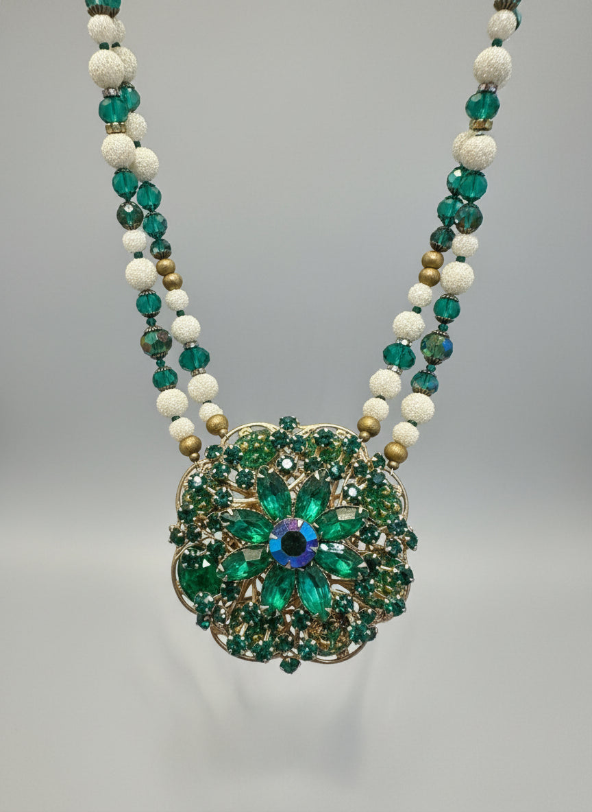 Vintage Green and Gold Pearl Brooch Necklace