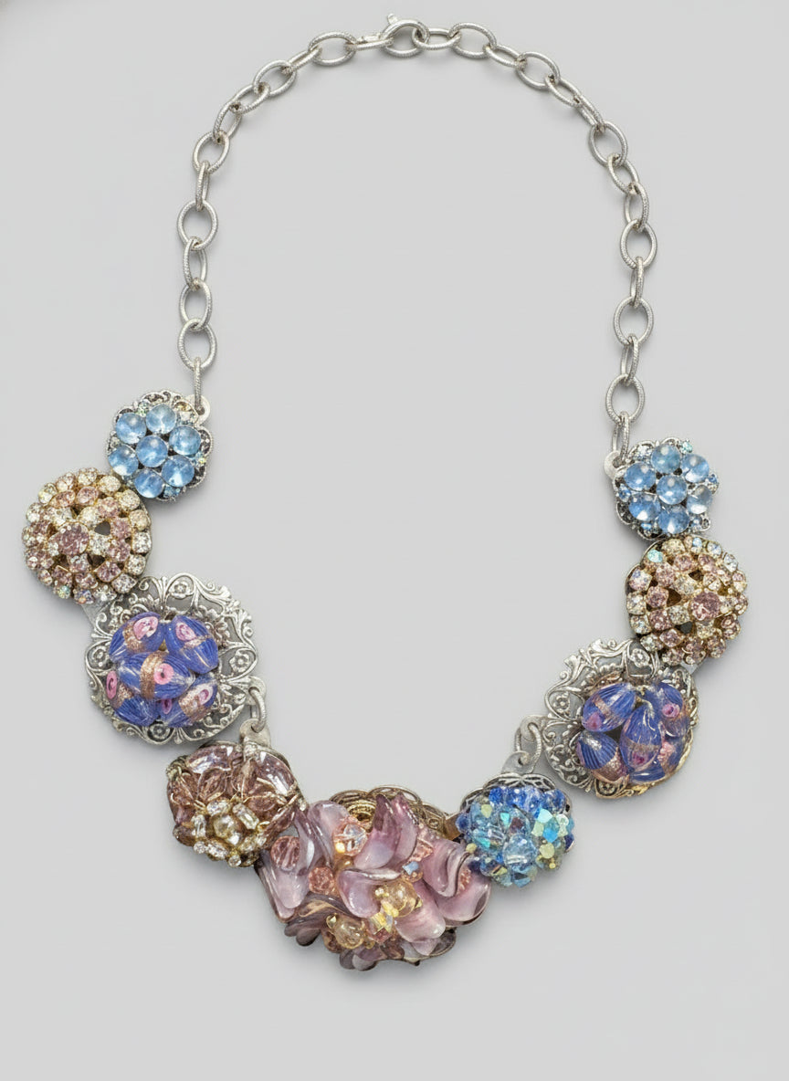 Vintage Style Pink and Blue Flower Necklace