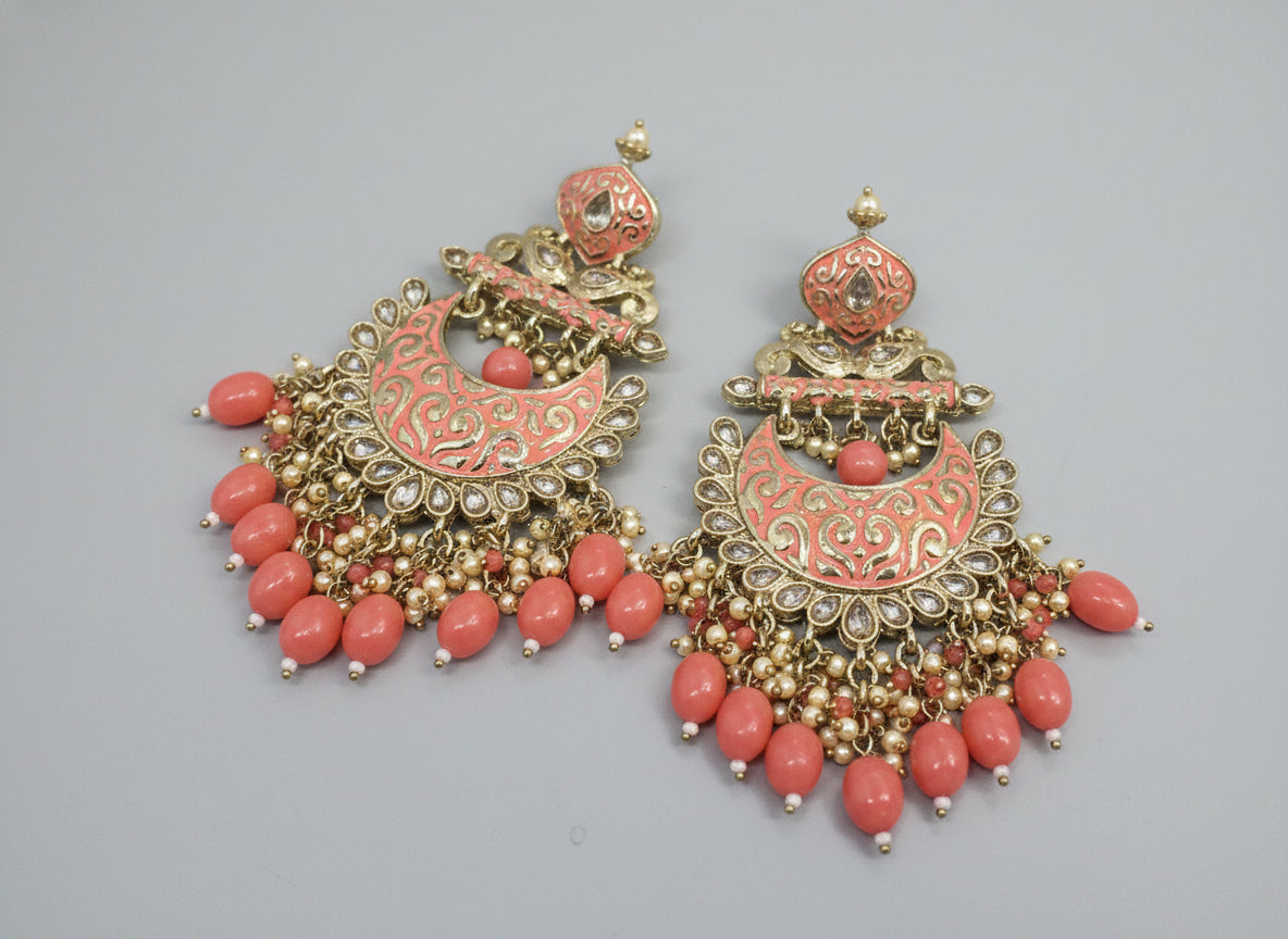 Indian Style Pink Peach Statement Earrings - Pierced