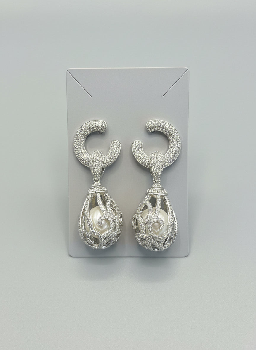 Large Silver Diamond Earrings with Pearl