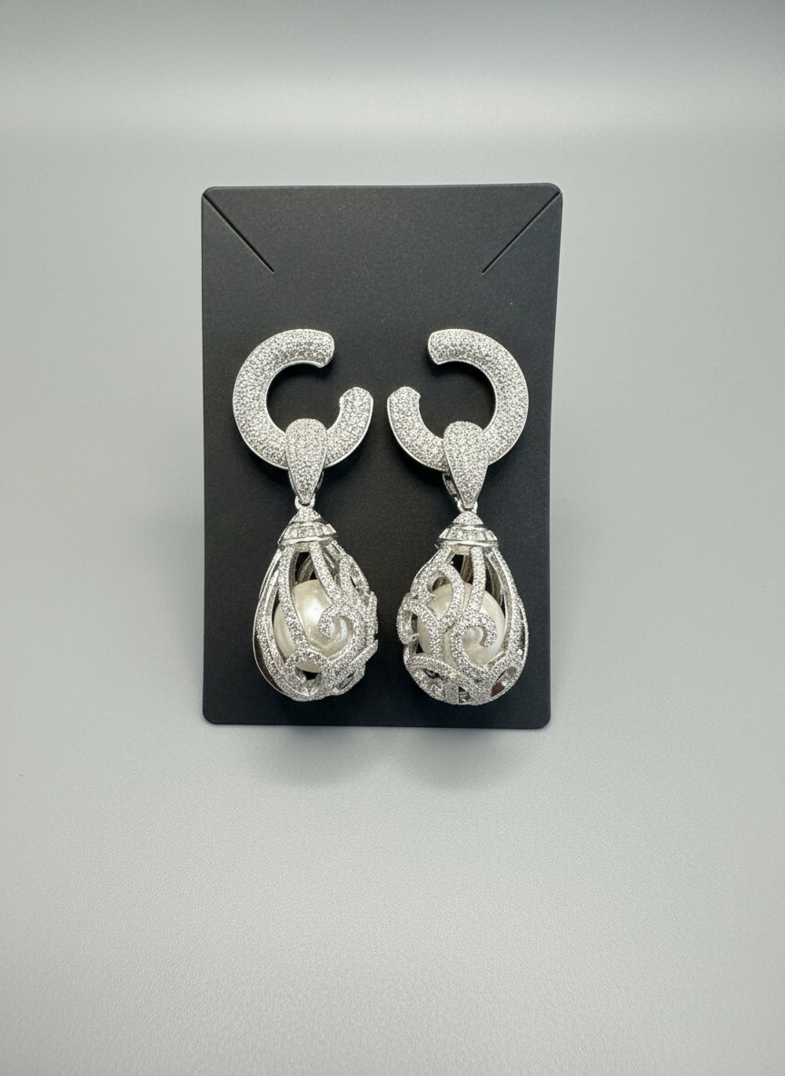 Large Silver Diamond Earrings with Pearl