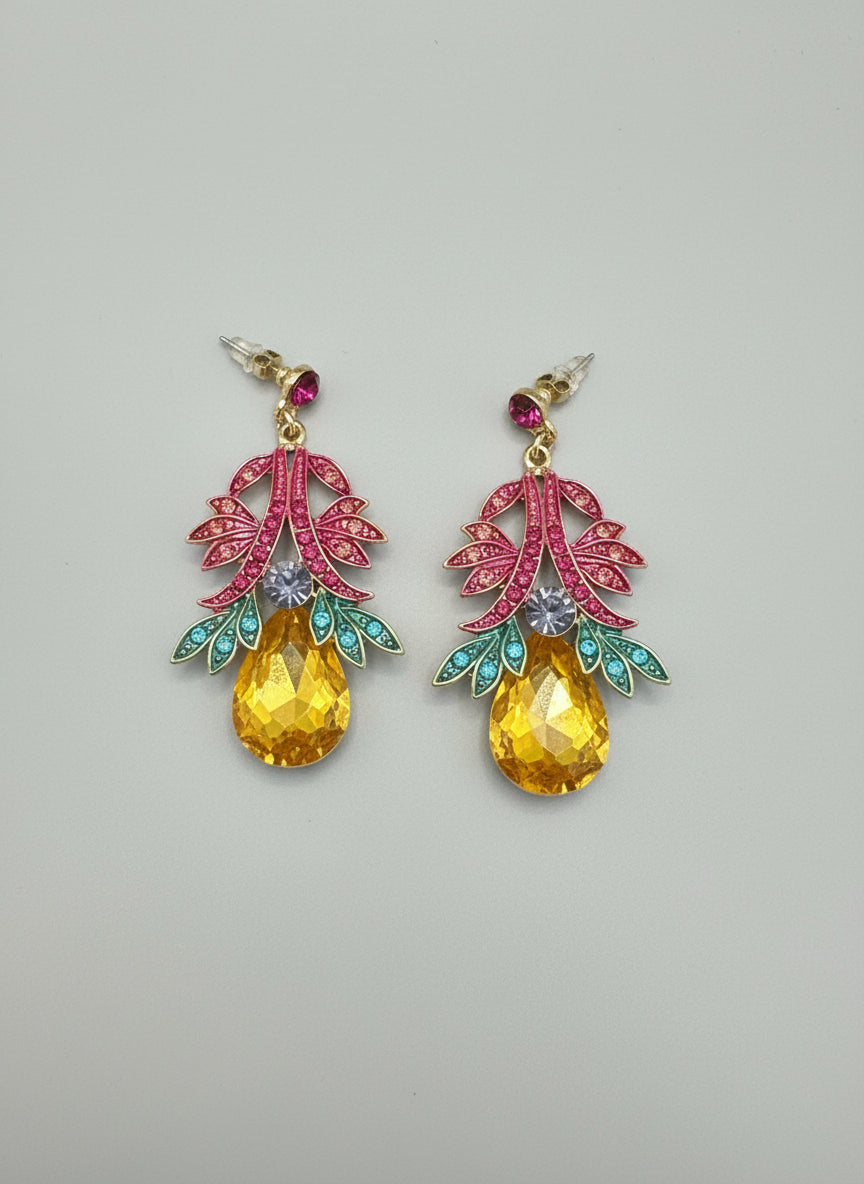 Large Pink Blue Leaf Earrings - Yellow Gold Dangle Studs