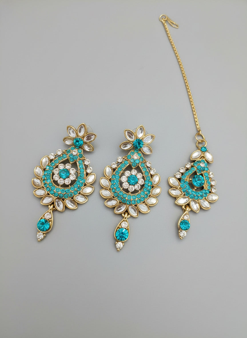 Teal Indian Necklace 4-Piece Set with Tikka