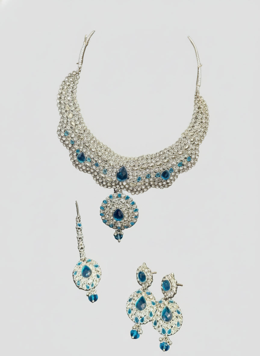 Aqua Indian Necklace 4-Piece Set with Tikka