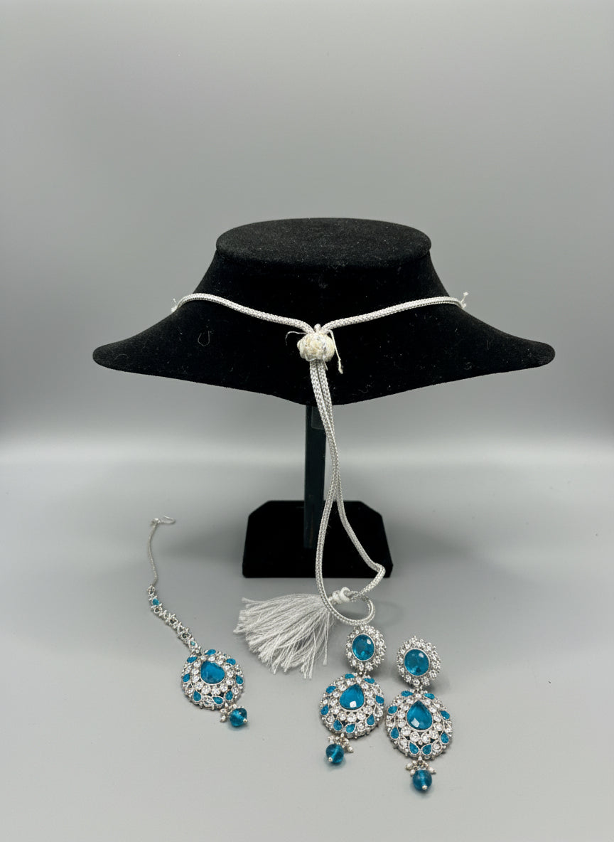Aqua Indian Necklace 4-Piece Set with Tikka