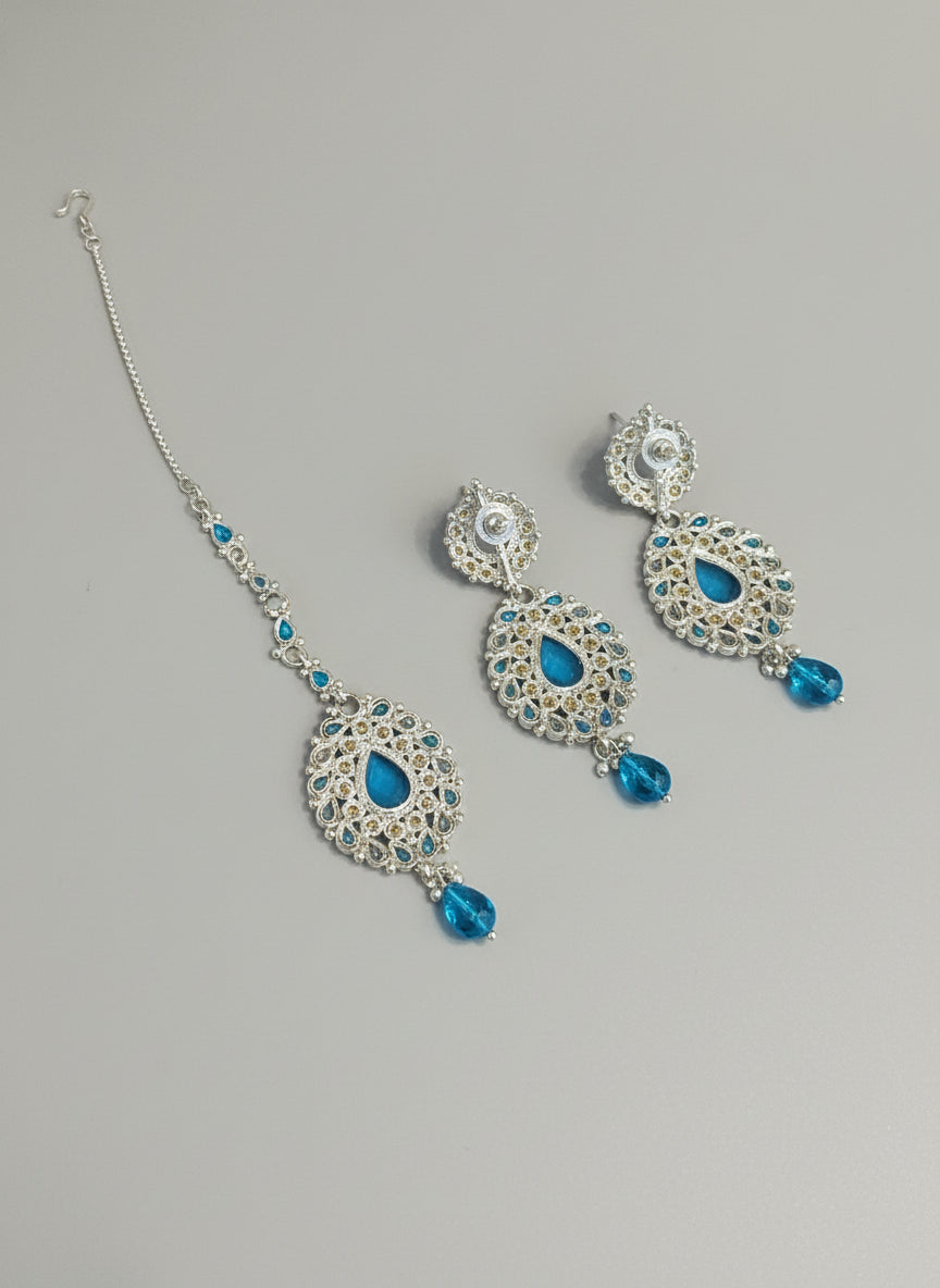 Aqua Indian Necklace 4-Piece Set with Tikka