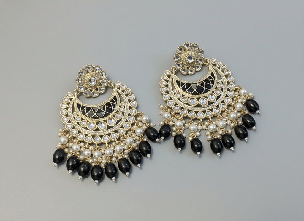 Indian Style Black and Gold Statement Earrings - Pearl Dangle