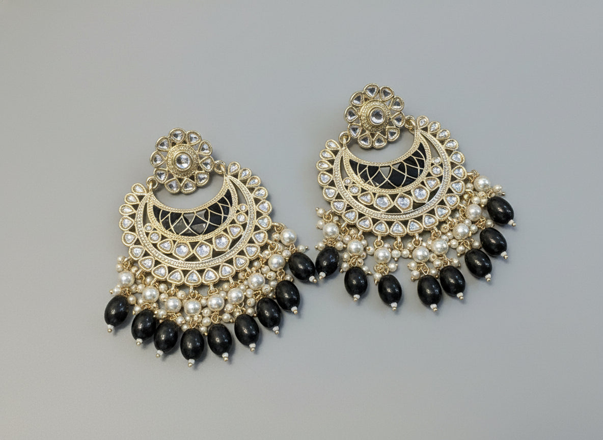 Indian Style Black and Gold Statement Earrings - Pearl Dangle