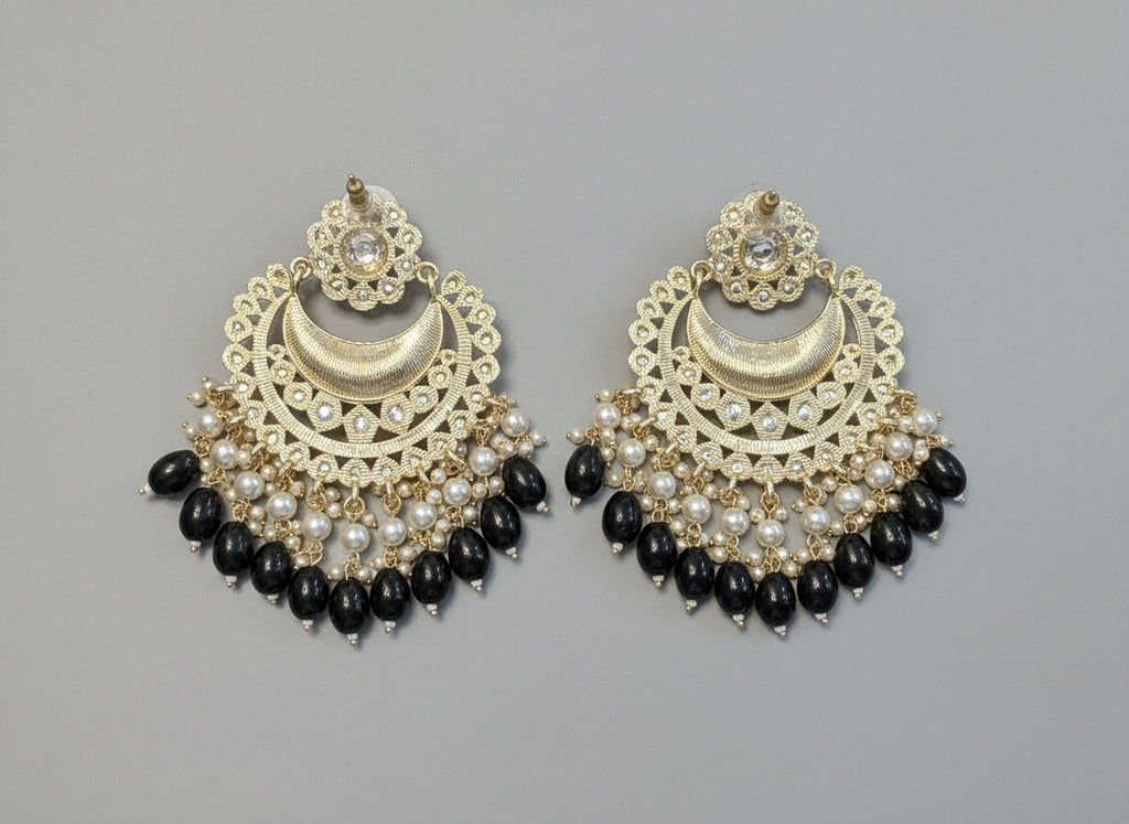 Indian Style Black and Gold Statement Earrings - Pearl Dangle
