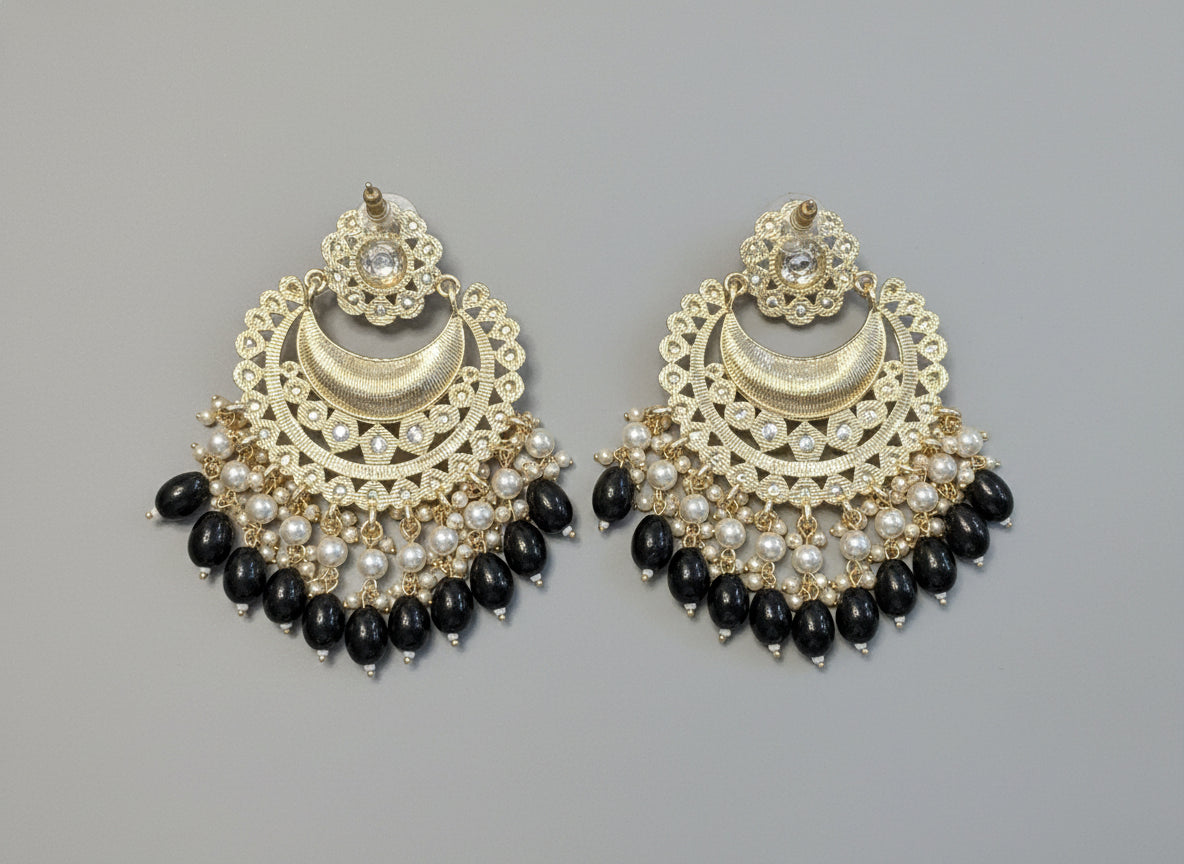 Indian Style Black and Gold Statement Earrings - Pearl Dangle
