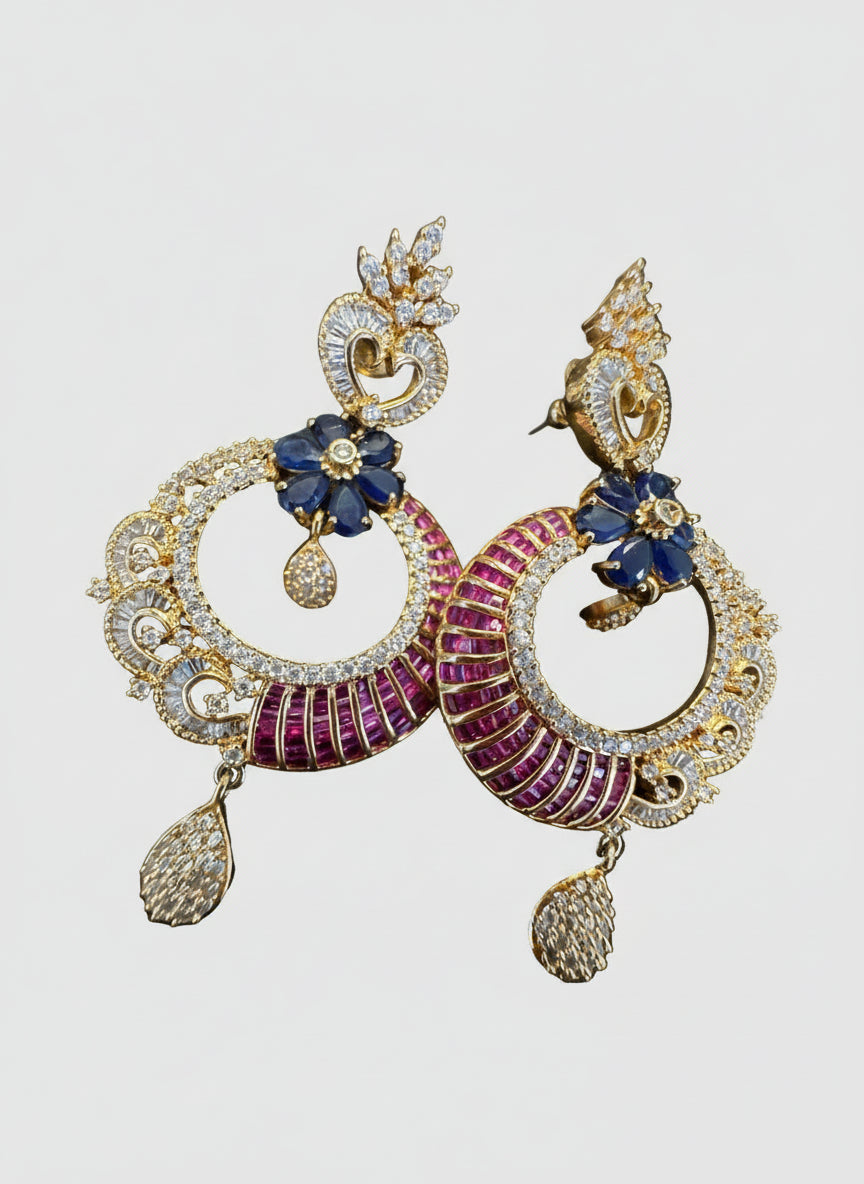 Indian-Style Blue Magenta Diamond Pierced Earrings
