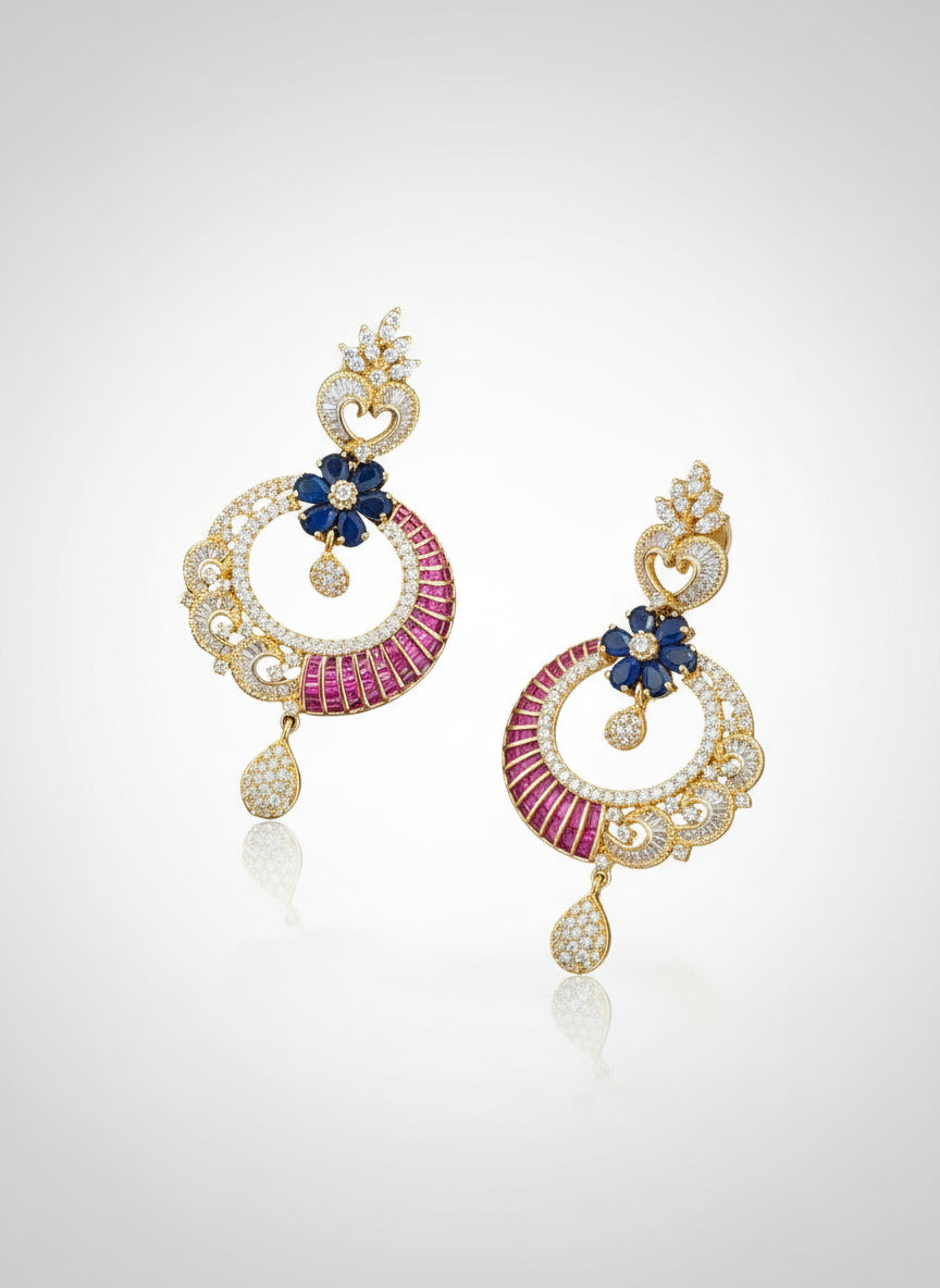 Indian-Style Blue Magenta Diamond Pierced Earrings